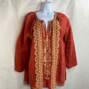 Johnny Was Burnt Orange Beige Tunic Blouse Embroidery Linen Tunic size Small